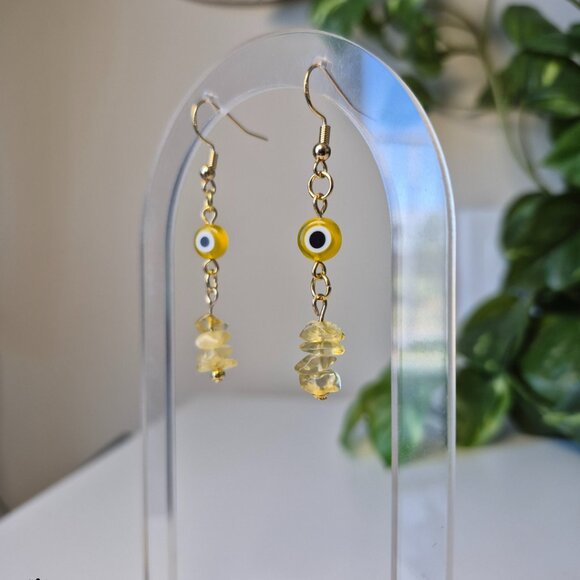 Handmade Protection Earrings with Yellow Evil Eye Charms and Citrine Chip Beads - Picture 4 of 8